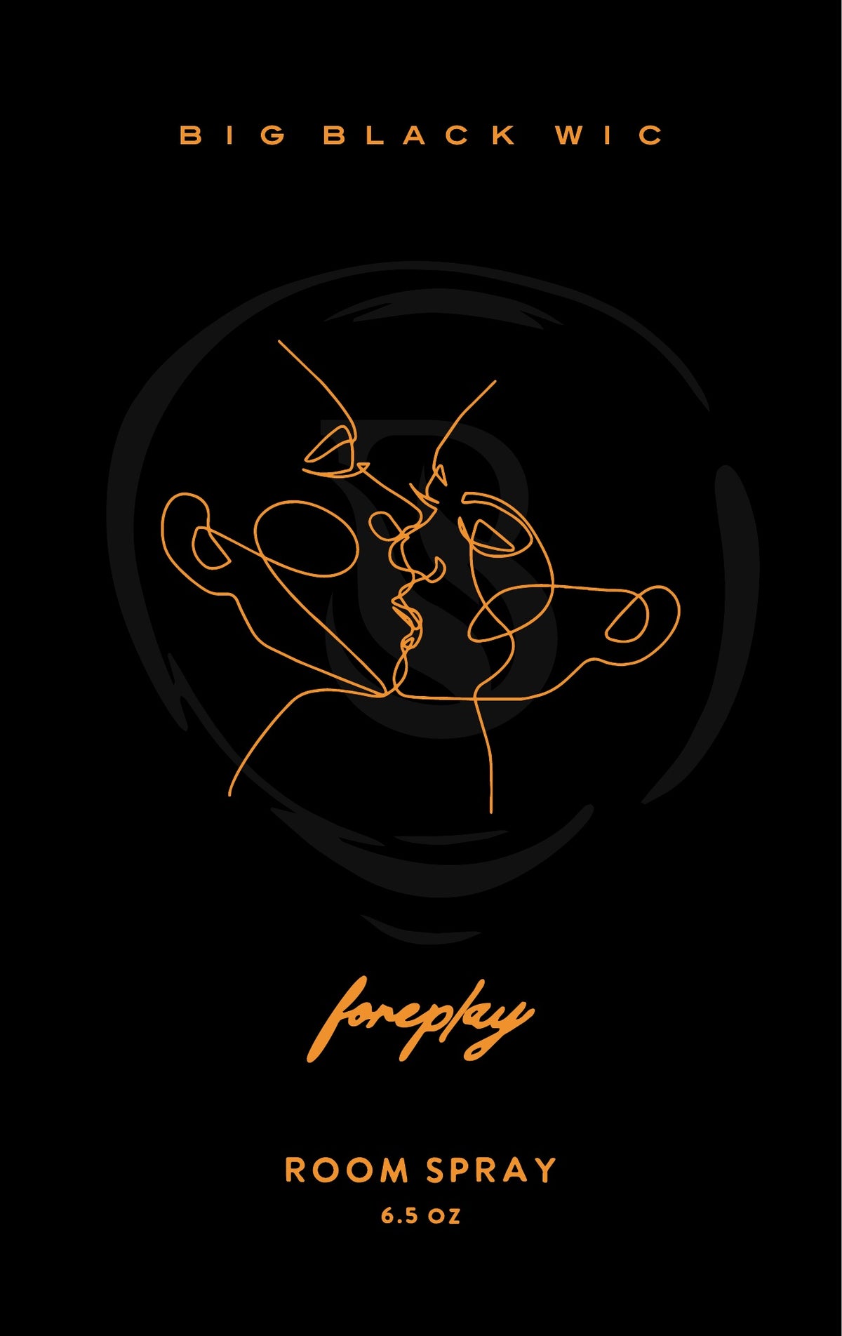 Foreplay room spray label, orange line art on black