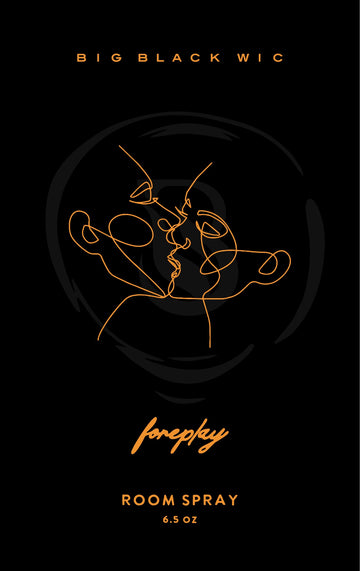 Foreplay room spray label, orange line art on black