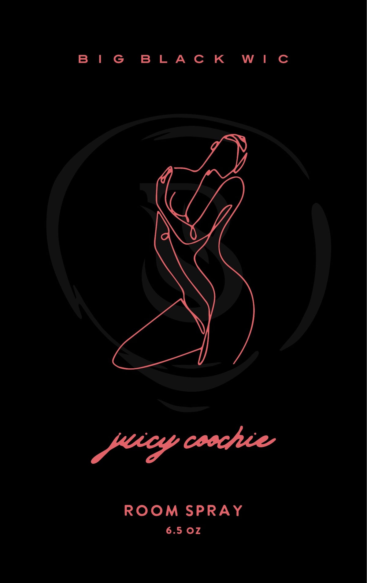 Juicy Coochie room spray label, pink line art on black