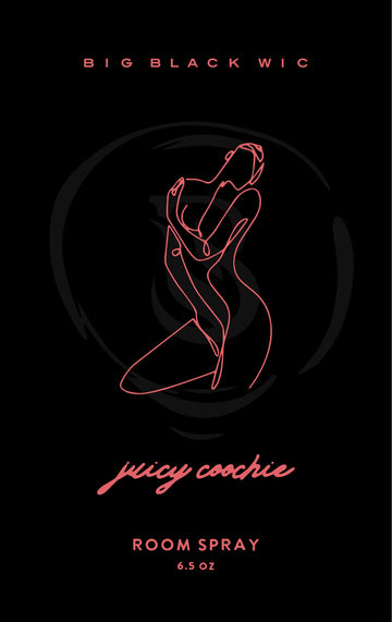 Juicy Coochie room spray label, pink line art on black