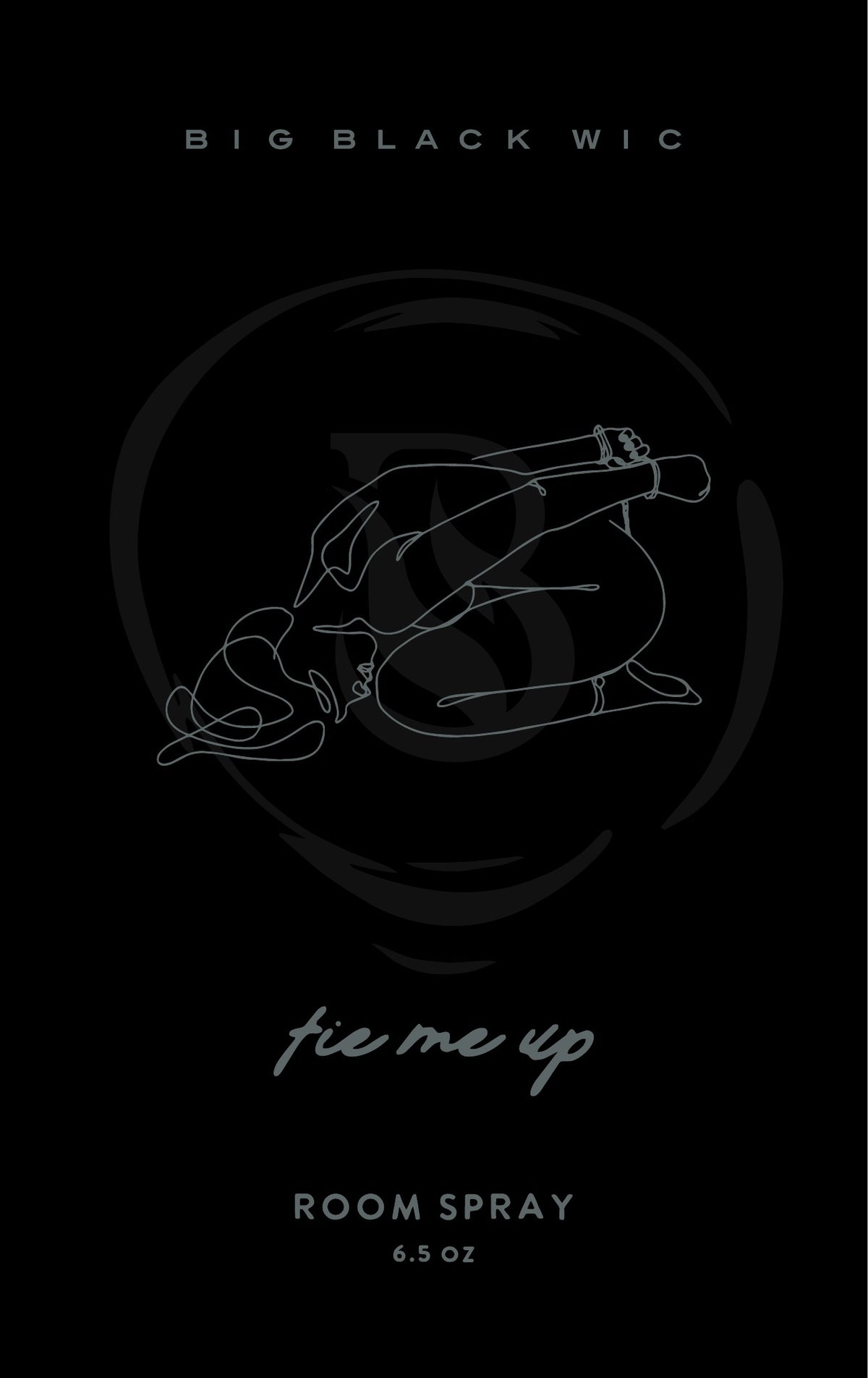 Tie Me Up room spray label, silver line art on black