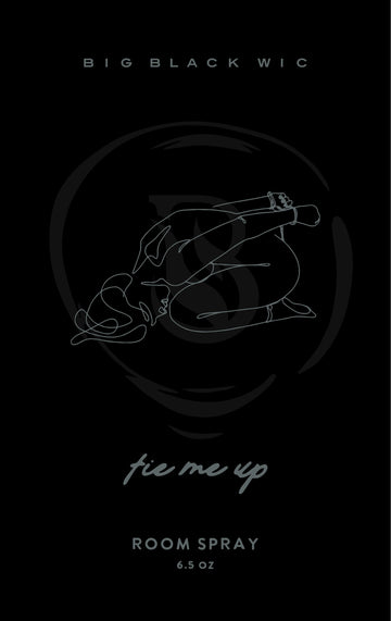 Tie Me Up room spray label, silver line art on black