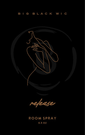 Release room spray label, gold line art on black
