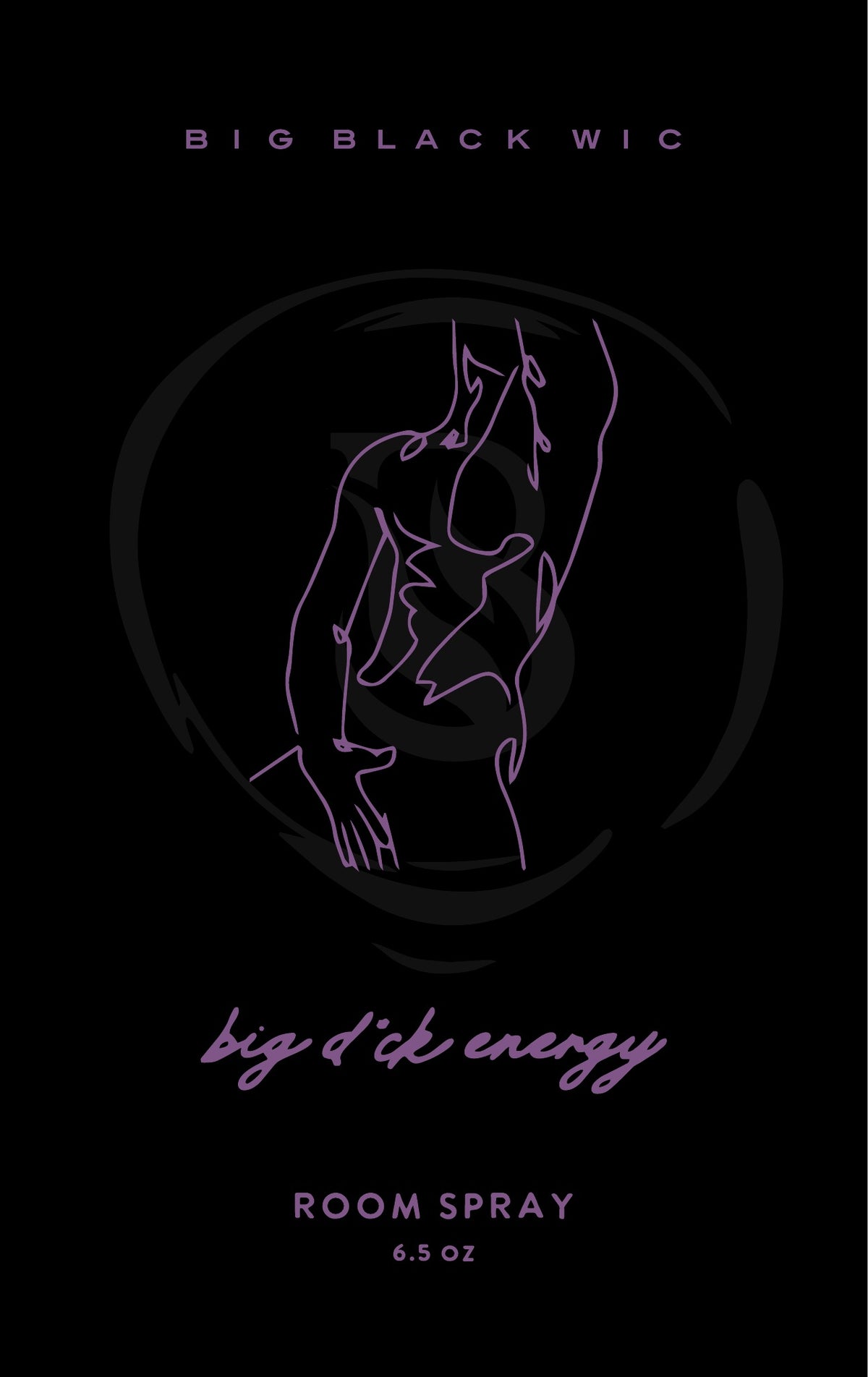Big D*ck Energy room spray label, purple line art on black